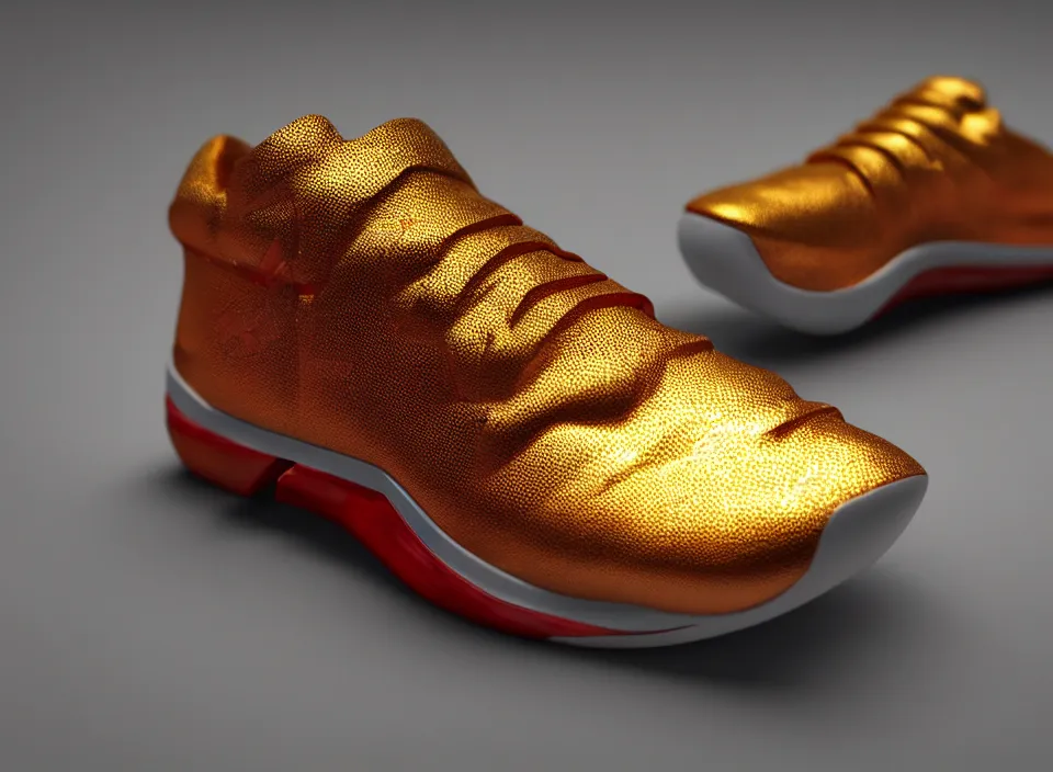 Prompt: realistic 3 d render of a cyberpunk android sneaker, beautiful studio lighting, soft, sharp focus, neon cyberpunk highlights, intricate detail, gold and red metal, soft rubber, textured plastic, octane render, side view, close up, trending on artstation, deviantart, nike, adidas