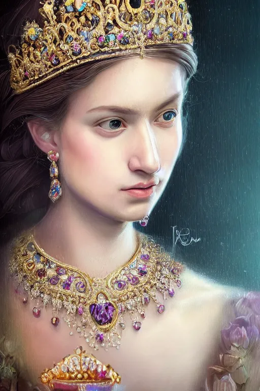 Image similar to beautiful very detailed portrait of a young princess with lots of jewelry in the face, full body, in the background there is a minimalistic palace, digital art , dramatic cinematic lighting rendered by octane, 8k, detailed, intricate, clean and textures, trending on artstation, treanding on deviantart, trending on cgsociety, pinterest, by Lauren Brevner + KEHINDE WILEY