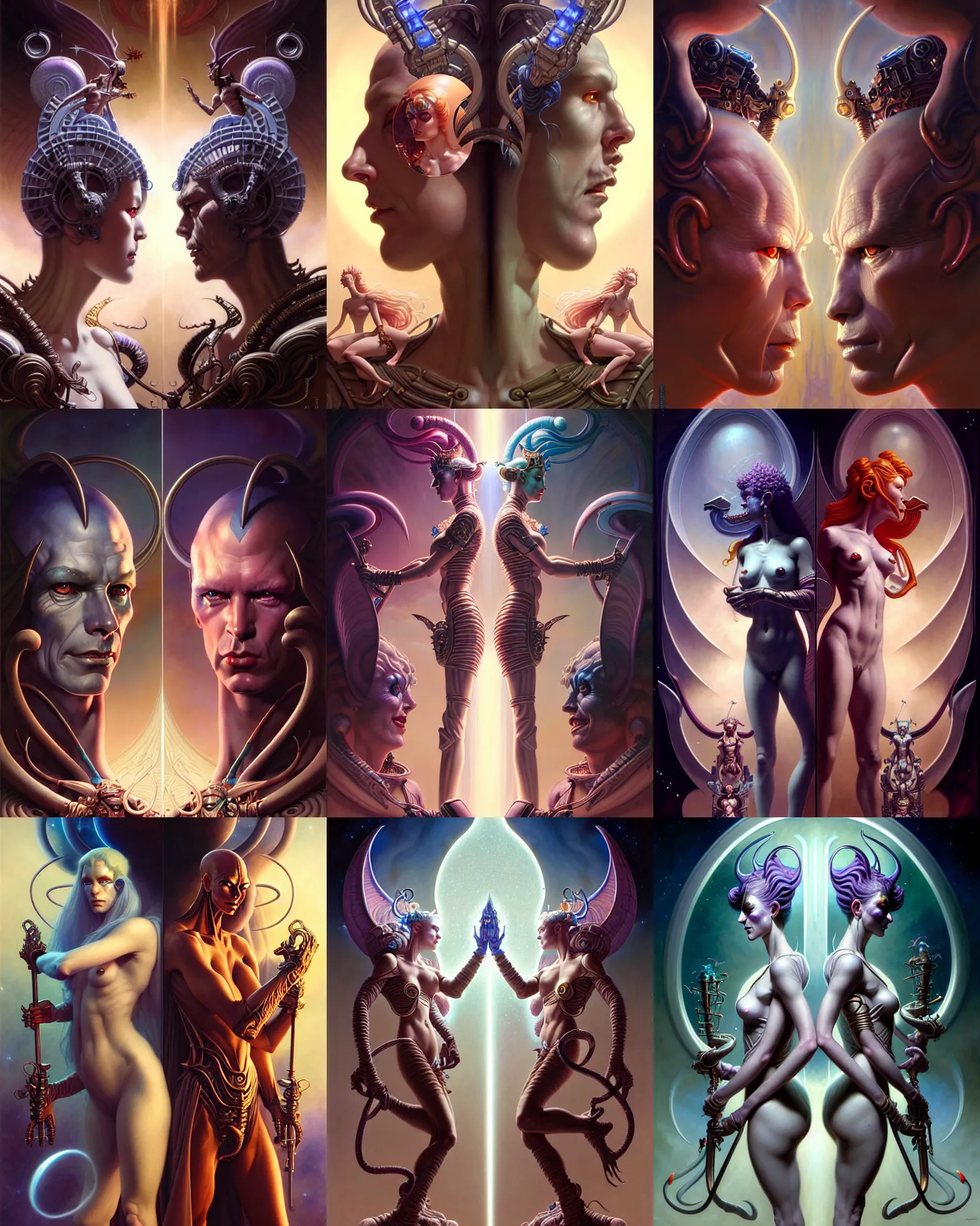 Image similar to beautiful gemini good and evil fantasy character portrait, ultra realistic, wide angle, intricate details, the fifth element artifacts, highly detailed by peter mohrbacher, hajime sorayama, wayne barlowe, boris vallejo, aaron horkey, gaston bussiere, craig mullins