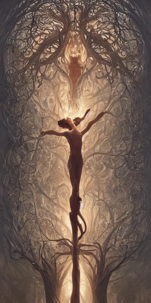 Image similar to ultra realistic illustration, a statue of the tree of life, intricate, elegant, highly detailed, digital painting, artstation, concept art, smooth, sharp focus, illustration, art by artgerm and greg rutkowski and alphonse mucha