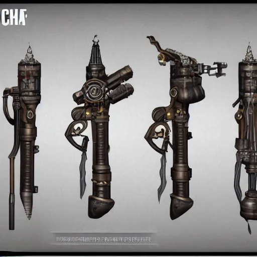 Prompt: steampunk style weapons, concept art, octane render