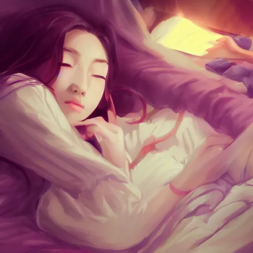 Image similar to lofi hiphop girl lying in bed listening to music by Wenqing Yan, WLOP, Zumidraws, OlchaS Logan cure liang Xing