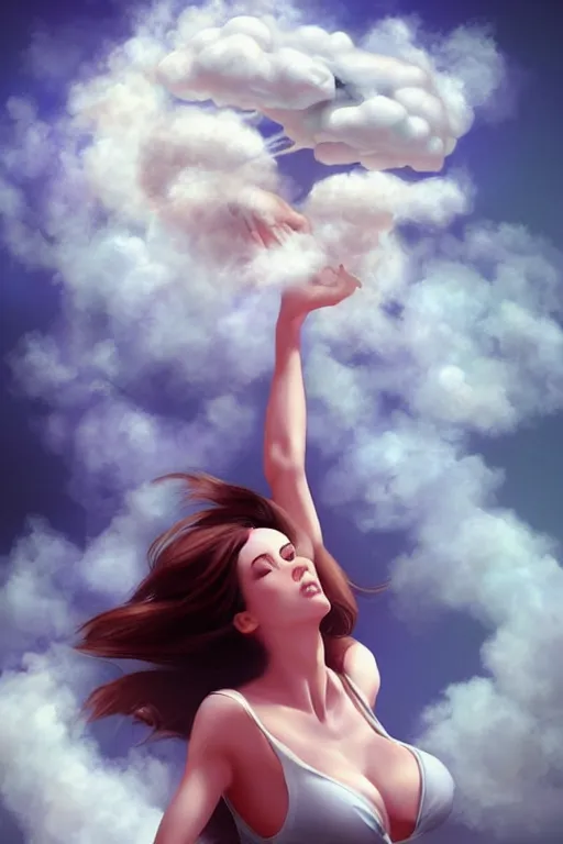 Image similar to a woman) floats in the air surrounded by a hand-shaped cloud of smoke by Artgerm