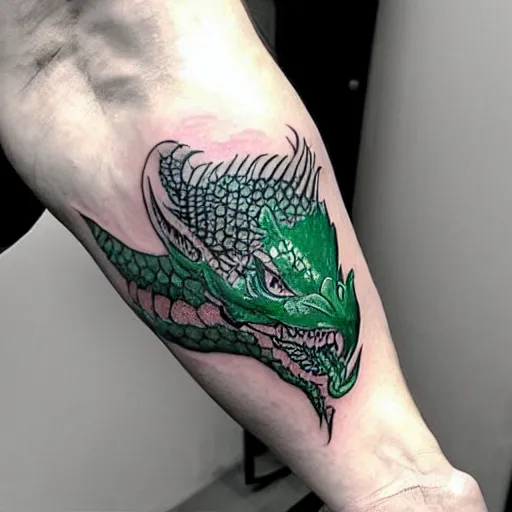 Prompt: Arm tatoo of a dragon starting from the elbow, wrapping around the wrist in a downward spiral, emerald placed inside of the dragons mouth