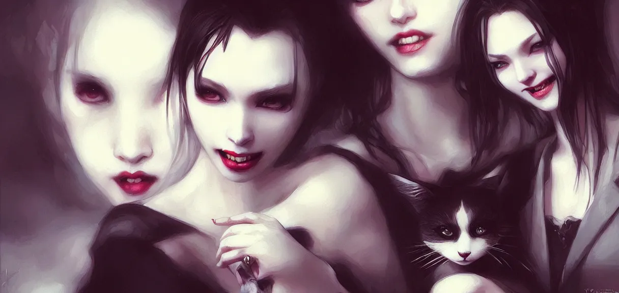 Prompt: portrait of a stylish vampire woman in her loft smiling at her cat, by yoshitaka amano, casey baugh, and artgerm rendered with 3 d effect.