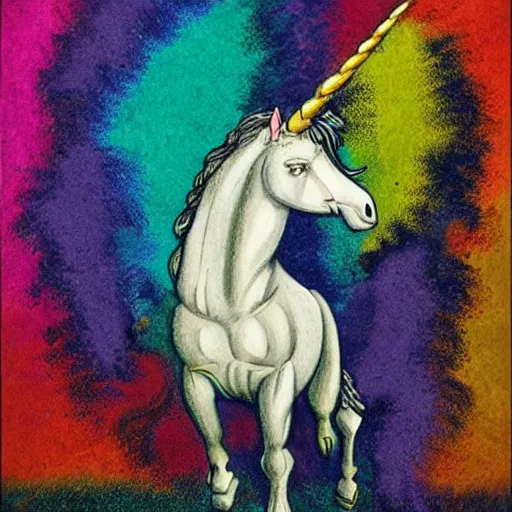 Image similar to an absolute beast of a muscly unicorn walking on rainbow in the style of caravaggio