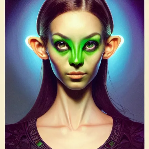 Image similar to wide angle full body portrait of an alien female with green eyes, a perfect face and perfect body, thin waist, mouth half open, intricate, single face, psychedelic background, highly detailed, digital painting, artstation, concept art, smooth, sharp focus, illustration, Unreal Engine 5, 8K, art by artgerm and greg rutkowski and alphonse mucha