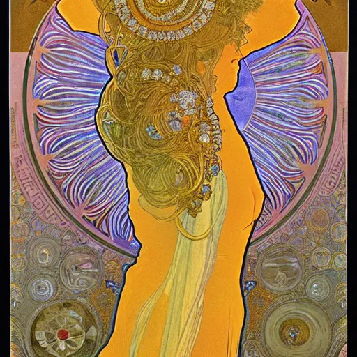 Image similar to A woman with a colored face, standing in gold foil, her face in discs, she has a diamond eye, orange Alphonse Mucha, Ernst Haeckel