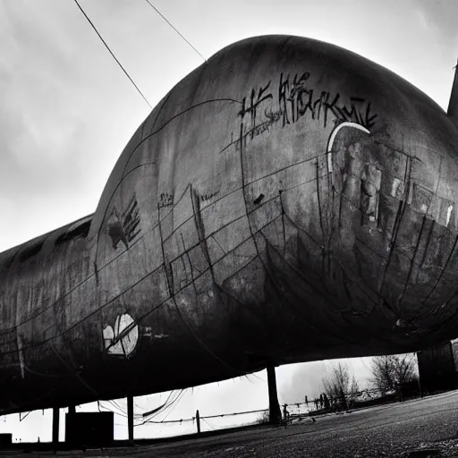 Image similar to a brutalism dark photo of an airship full of graffiti