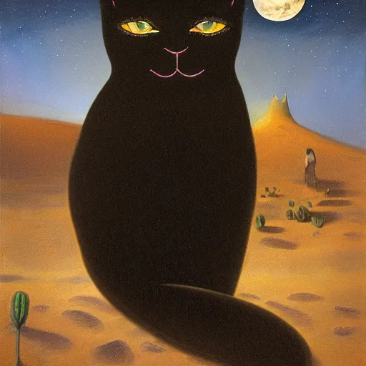 Prompt: the illuminated mystic dark cat, softly lit from behind like a Catholic saint portrait, full moon night, in the desert. Portrait by Paul Bonner, oil on canvas