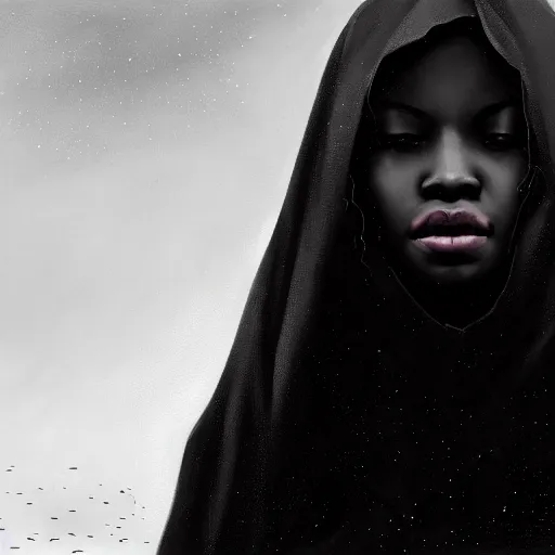 Image similar to a portrait of a young black woman wearing a long dark cloak, hood and shadows covering face, anatomically correct, beautiful perfect face, enigmatic, oil painting, matte painting, black background, Volumetric dynamic lighting, Highly Detailed, Cinematic Lighting, Unreal Engine, 8k, HD, by Beksinski