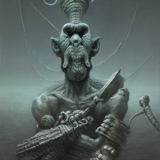 Prompt: squidward boss in style of God of war by zdzisław beksiński