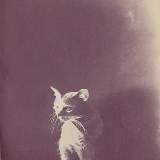 Prompt: lithograph of a cat emitting ectoplasm, haunted cat, ghostly presence, vintage photography