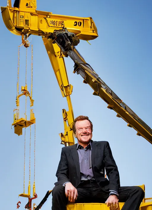 Image similar to closeup portrait of cheerful bryan cranston operating a crane, sitting in a crane, yellow hardhat, sitting in a crane, natural light, bloom, detailed face, magazine, press, photo, steve mccurry, david lazar, canon, nikon, focus