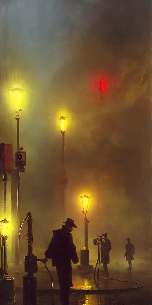 Image similar to a gas station in 1 9 4 0 with yellow and red light in the middle of the night, a men stand up next to the pump, mystical blue fog, oil on canvas, art by andreas achenbach, clemens ascher, tom bagshaw and sabbas apterus,