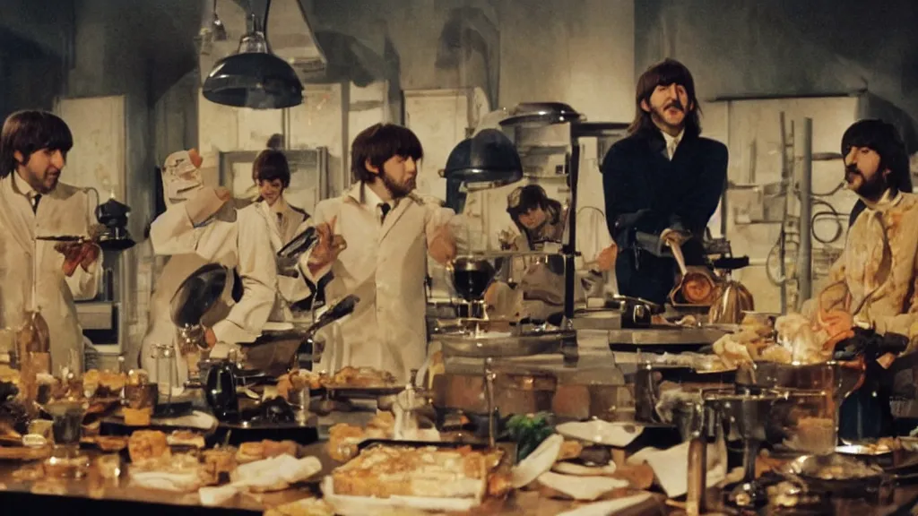 Image similar to The Beatles!!! drown in honey! in the kitchen, film still from the movie directed by Denis Villeneuve with art direction by Salvador Dalí, wide lens