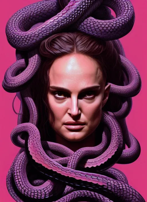 Prompt: Medusa, Natalie Portman, lots of snakes, portrait, very detailed, dramatic lighting, electrical details, high details, 4k, 8k, trending on artstation, by Greg Rutkowski, Wayne Barlowe, Hajime Sorayama and Boris Vallejo