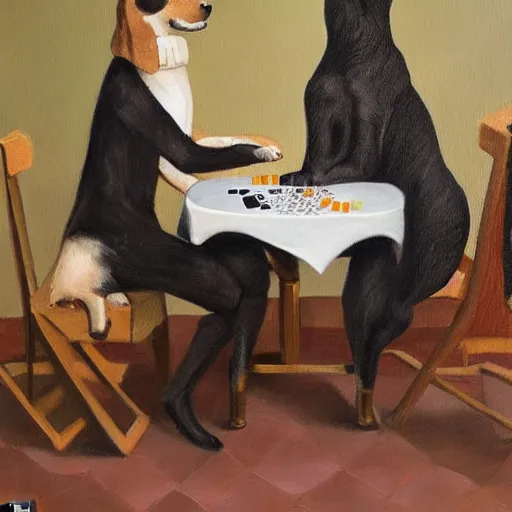 Prompt: An oil painting of a dog and cat dressed as people, sitting at a table playing cards