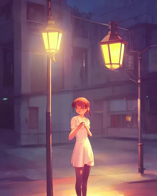 Image similar to a girl under the light of a street lamp, full shot, atmospheric lighting, detailed face, by makoto shinkai, stanley artgerm lau, wlop, rossdraws