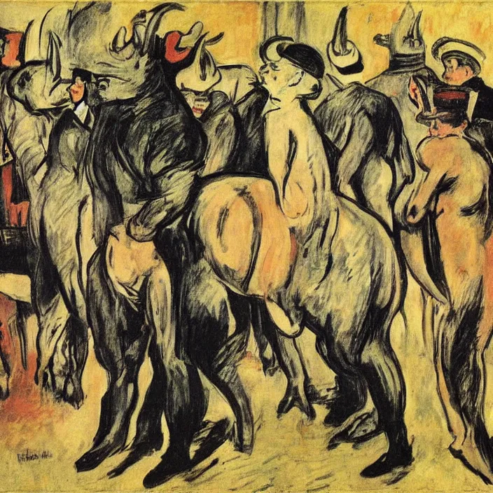 Prompt: meeting of the rhino people. henri de toulouse - lautrec, max beckmann