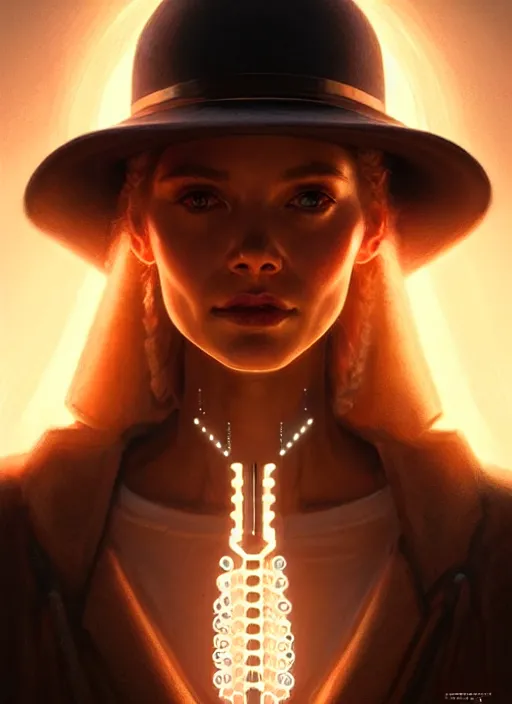 Image similar to portrait of drone host from westworld, intricate, elegant, glowing lights, highly detailed, digital painting, artstation, glamor pose, concept art, smooth, sharp focus, illustration, art by artgerm and greg rutkowski, artey freytag