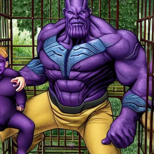 Image similar to Thanos in a cage, being watched by a family at the zoo