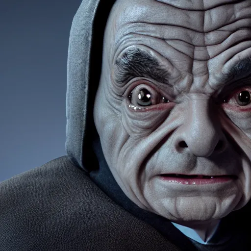 Image similar to mr. bean is darth sidious in star wars, 4 k, studio portrait, photography, cinematic lighting, highly detailed