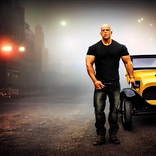 Image similar to very closeup photo of vin diesel standing near ford model t, fog, volumetric lighting, bokeh, ultra realistic, highly detailed, city, cinematic, art by jan urschel and neil blevins