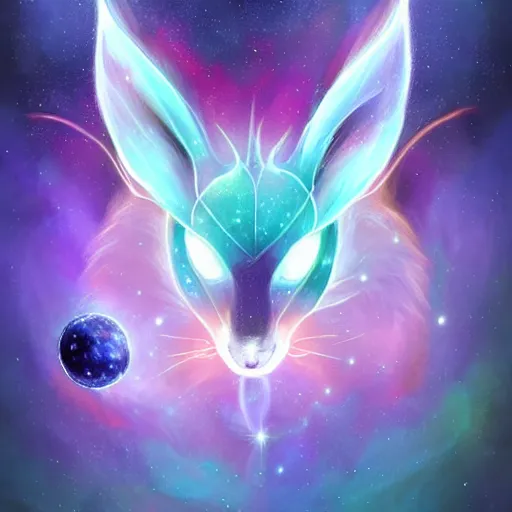 Image similar to geometric symmetrical flareon with galaxy eyes in space, nebula in the background, intricate, elegant, highly detailed, digital painting, artstation, concept art, smooth, sharp focus, illustration, art by artgerm