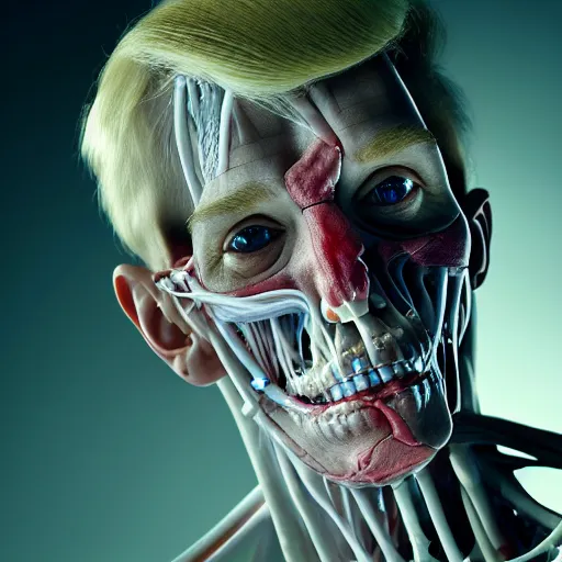 Image similar to Donald Trump with translucent skin, visible muscles and veins and arteries and bones and spine and nerves, beautiful detailed intricate insanely detailed octane render, 8K artistic photography, photorealistic, chiaroscuro, by David Cronenberg, Raphael, Caravaggio