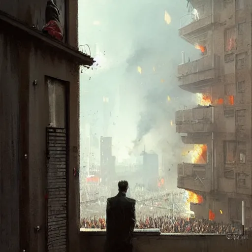 Image similar to Depressed politician looks out of the window from his tower block and sees the crowds rioting | painting by Greg Rutkowski