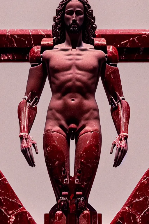 Image similar to a statue jesus on cross made of red marble, perfect symmetrical body, full body shot, inflateble shapes, white biomechanical details, wearing epic bionic cyborg implants, masterpiece, intricate, biopunk, vogue, highly detailed, artstation, concept art, cyberpunk, octane render