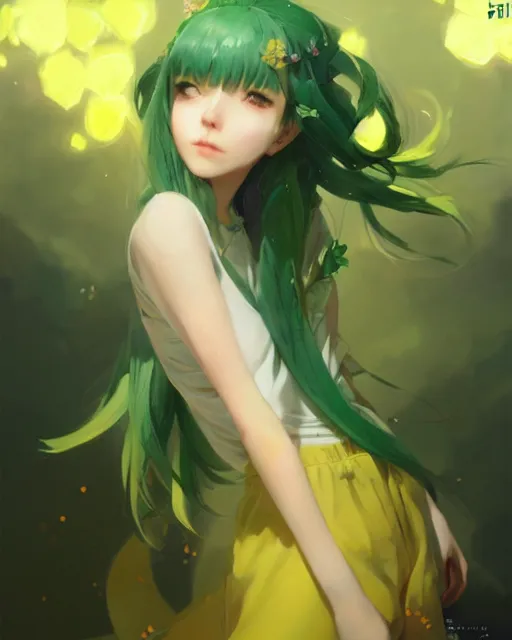 Image similar to girl with green hair and yellow clothing, flower decoration on the background, a beautiful half body illustration, top lighting, perfect shadow, soft painting, art by hidari and krenz cushart and wenjun lin