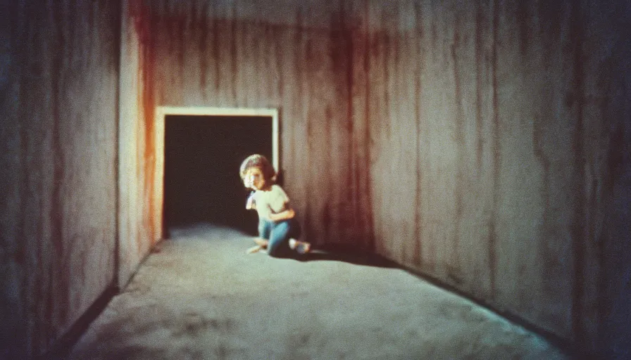 Image similar to 7 0 s film still from a horror movie about a child trapped in a basement, kodachrome, cinecolor, cinestill, film grain, film texture, retro, cinematic, high resolution, photorealism,