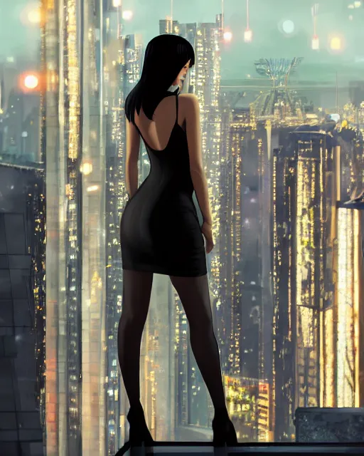 Image similar to back of young woman wearing a stylish black minidress looking through a penthouse window at a panoramic view of a cyberpunk city at night, bokeh lights, anime, ilya kuvshinov, guweiz, artstation trending, concept art, digital painting, cinematic, extreme detail, expansive