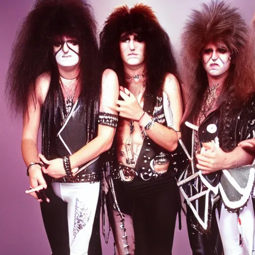 Image similar to a 1 9 8 0 s hair metal band with exaggerated stage makeup, promo photo, fine detailed, photorealistic, portrait