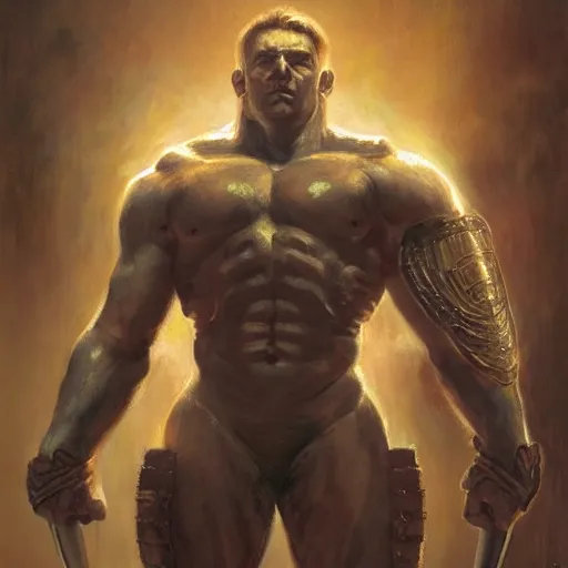 Prompt: handsome portrait of a spartan guy bodybuilder posing, radiant light, caustics, war hero, full metal alchemist, by gaston bussiere, bayard wu, greg rutkowski, giger, maxim verehin