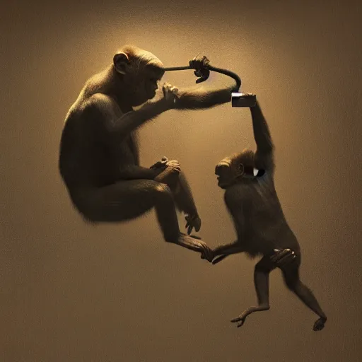 Prompt: it's a habit to be hip, like a monkey with a whip, by dave mckean, oil on canvas, octane render, volumetric lighting,