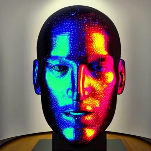 Image similar to a 3d human head made up of shiny holograms