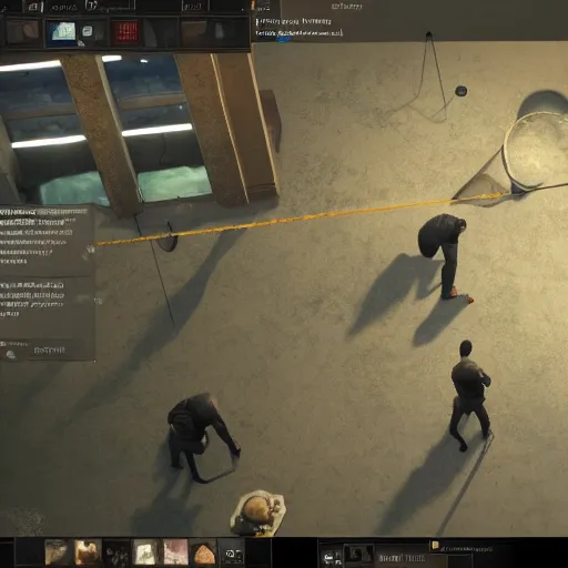 Prompt: mike ehrmantraut cleaning a crime scene, disco elysium gameplay