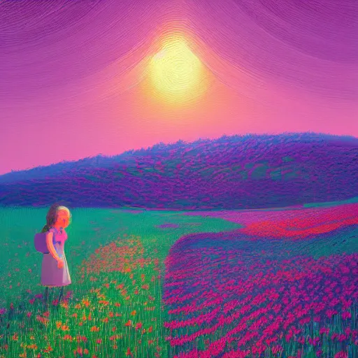 Prompt: flower field becoming a girl with dress and a giant flower as a face, hills, big trees, sunrise dramatic light, impressionist painting, colorful clouds, digital painting, pointillism, artstation, simon stalenhag