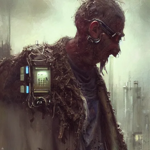 Image similar to henry dorsett case, middleaged shaggy cyborg, heavily augmented, smoker, hacker, cyberpunk, painted by seb mckinnon, high detail, dramatic light, digital art, painted by greg rutkowski, promotional movie posterart, trending on artstation