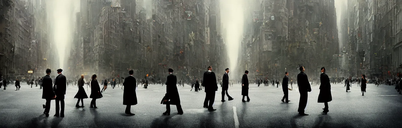 Image similar to People crossing the street from the movie Inception by Christopher Nolan, recursive, surreal, steam punk, highly detailed, smooth, cinematography, high contrast, sharp focus, dynamic lighting, 4k, by Rene Magritte