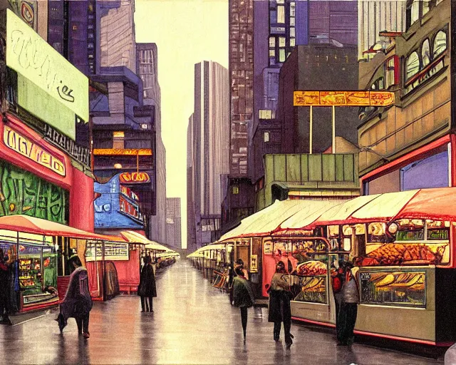 Prompt: street with food stands in a cyberpunk city on a rainy melancholy seattle night in 1 9 9 6 by de chirico