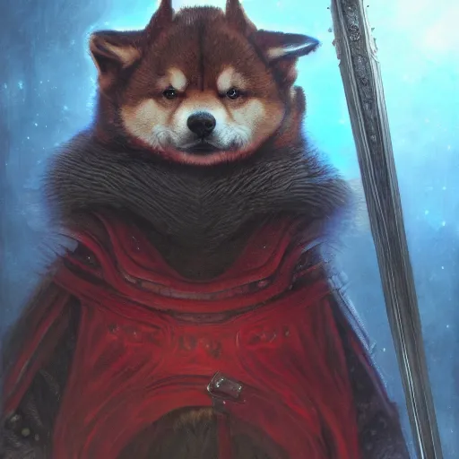 Prompt: anthropomorphic shiba inu, berserk anime guts armor and two hand guts sword, red light aura, fantasy, dark, portrait art by donato giancola and greg rutkowski, realistic face, visible aura, digital art, trending on artstation, symmetry