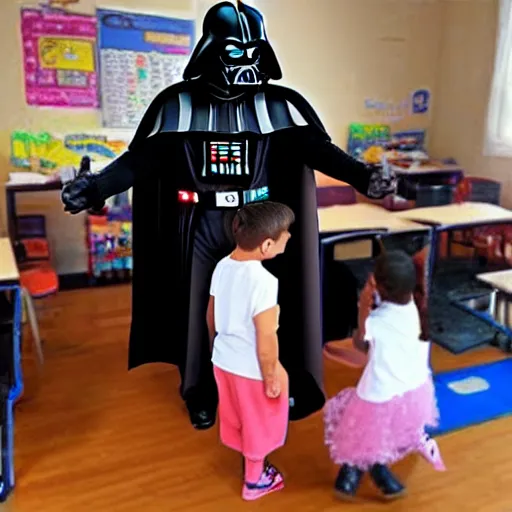 Image similar to “Darth Vader in school room with kids, movie scene, ultra realistic”