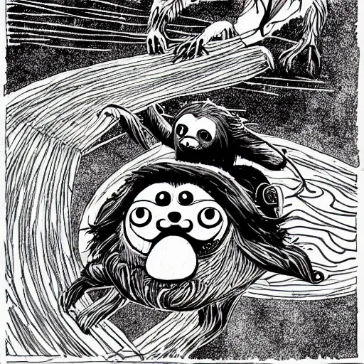 Image similar to black and white trippy comic art of a sloth riding a merry go round, lots of particles, drawn by Martin Rowson, Tim Burton, Studio Ghibli, Alex Pardee, Nekro Petros Afshar, James McDermott, cgsociety 4K