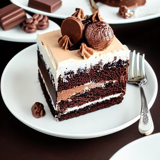 Image similar to ultra realistic catalog photo of a cup full of sweet goloso pasticceria chocolate ice cream cake with a coffee - praline twist cream bigne in with rich details in luxury cup and plates