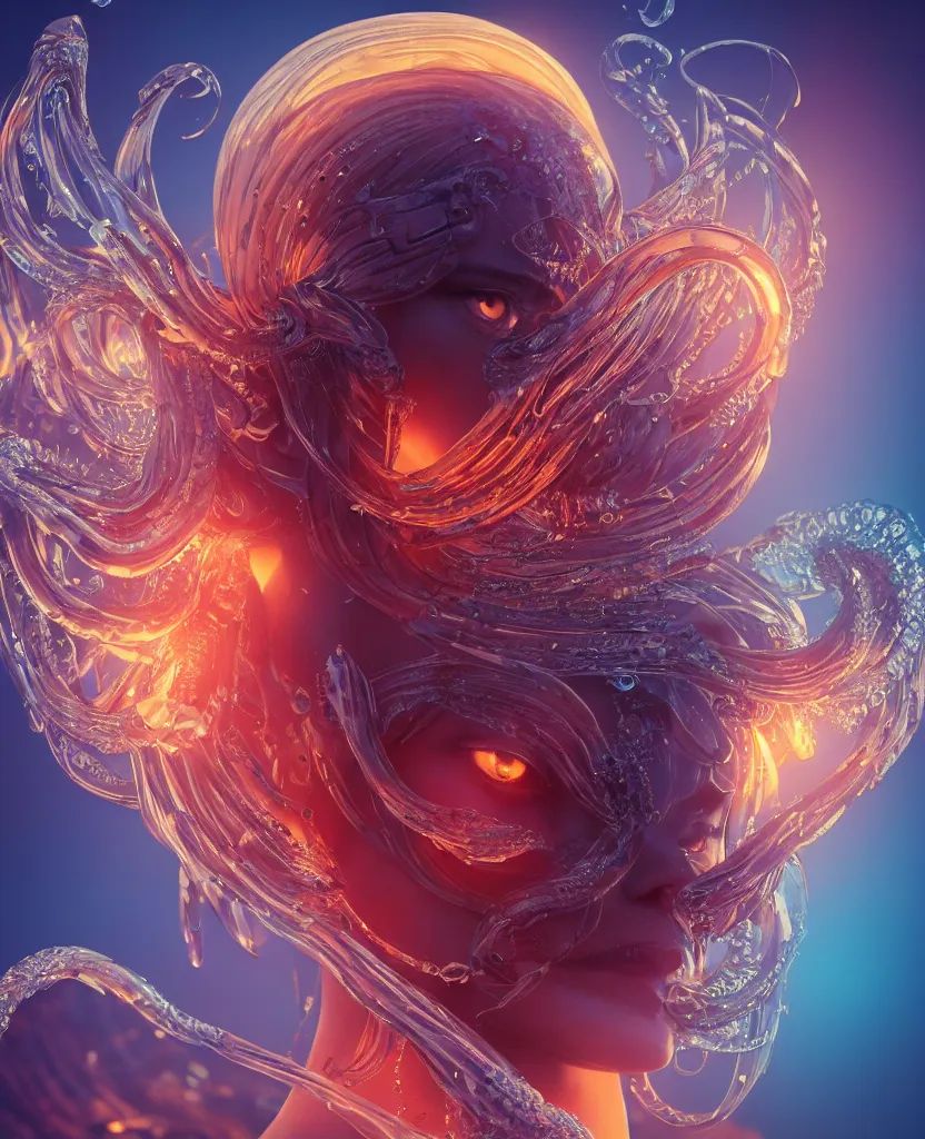 Image similar to close-up macro portrait of the face of a beautiful princess, epic angle and pose, symmetrical artwork, 3d with depth of field, blurred background, cybernetic jellyfish female face skull phoenix bird, translucent, nautilus, energy flows of water and fire. a highly detailed epic cinematic concept art CG render. made in Maya, Blender and Photoshop, octane render, excellent composition, cinematic dystopian brutalist atmosphere, dynamic dramatic cinematic lighting, aesthetic, very inspirational, arthouse. y Greg Rutkowski, Ilya Kuvshinov, WLOP, Stanley Artgerm Lau, Ruan Jia and Fenghua Zhong