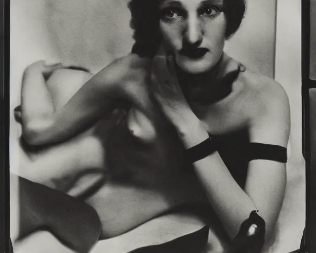 Prompt: movie still, transgressive art, germaine krull, a black and white photo of a woman's face